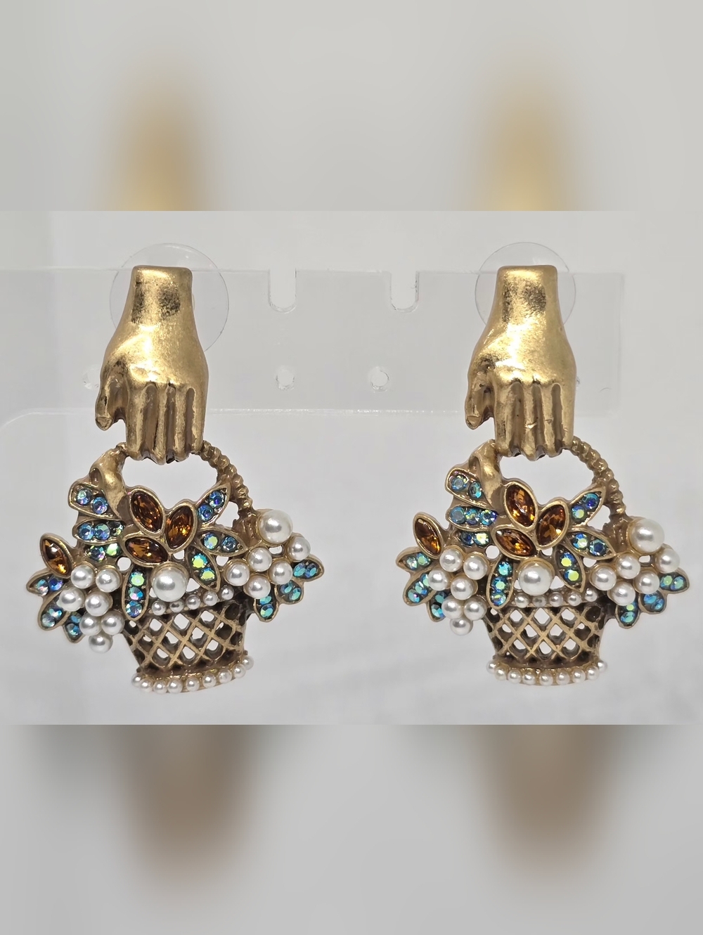 Vintage Style Gold Basket Pearl and Multistone Drop Earrings - Picture 4 of 7